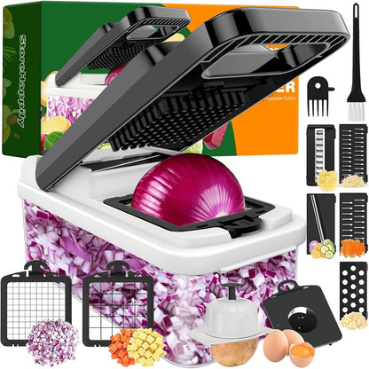 12-in-1 Vegetable Chopper 7 Blades, Veggie Cutter with Handle, Black/White