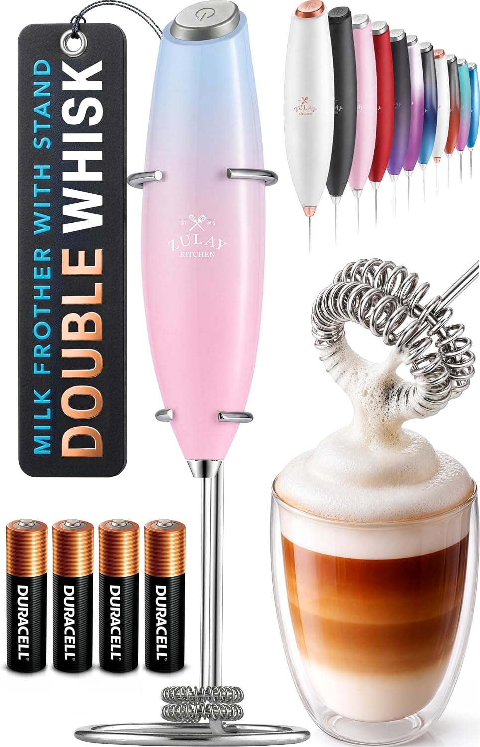 Zulay Kitchen Rechargeable Milk Frother Handheld - Frother Wand, Drink Mixer, Electric Whisk Frother, for Cappuccinos, Matcha & Protein Powder - Dynamic 3 Whisk, 3 Speed 500mAh Black - Colors A