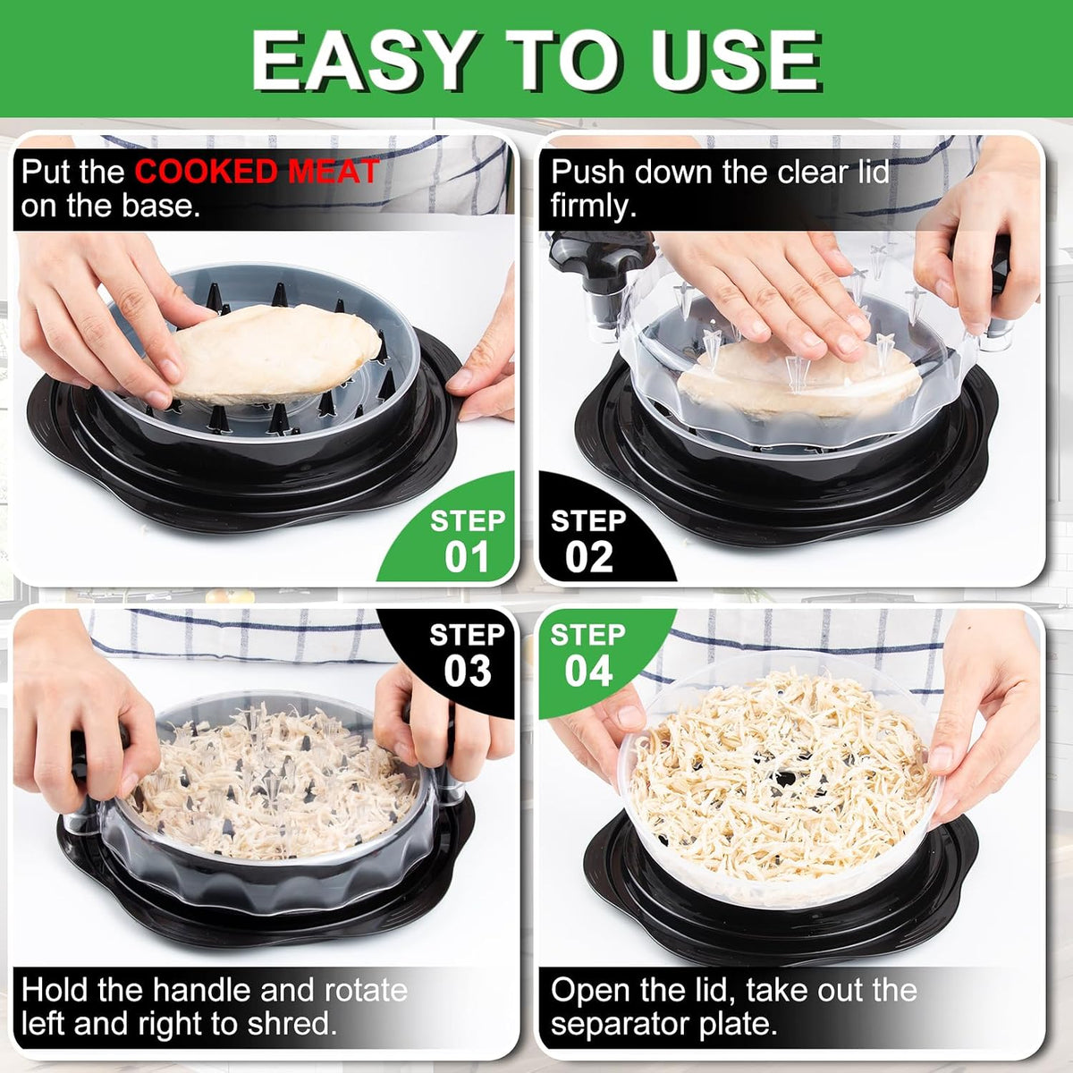 Upgrade Chicken Shredder, Chicken Breast Shredding Tool Twist Large, Meat Twister with Separate Plate, Non-Slip Bottom, Ergonomic Handle, Suitable for all kinds of Cooked Meat and Salad, Black