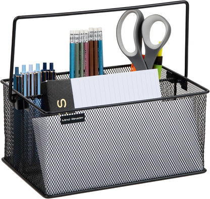 Mind Reader Multi-purpose Storage Caddy with Handle, Desktop Organizer, Cutlery Holder, 4 Compartments, Metal Mesh, Black