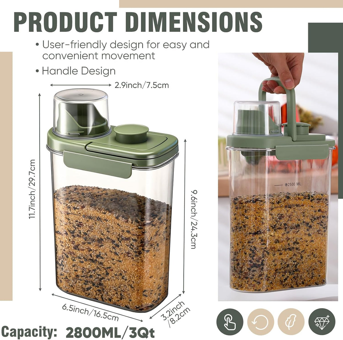 Maxdot 2 Pcs Bird Seed Storage Container 3 Qt/2.8 L with Tight Lids Airtight Cup Pet Food Storage Measuring Containers Lids with Pouring Spouts for Macaws African Grey Cockatoos (Beige)