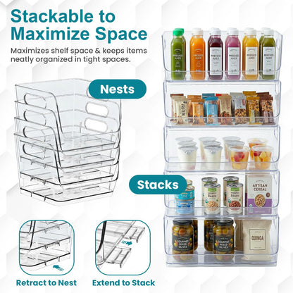 Basicwise Set of 3 Open-Front 16" Clear Storage Bins with Easy-Grip Handles Stackable Transparent Plastic Organizer Container for Pantry Cabinet Refrigerator Drawers Closets & Shelf Organization, XL