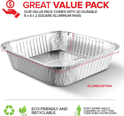 Stock Your Home Aluminum Pans 8x8 Disposable Foil Pans (20 Pack) - 8 Inch Square Pans - Tin Foil Pans Great for Cooking, Heating, Storing, Prepping Food