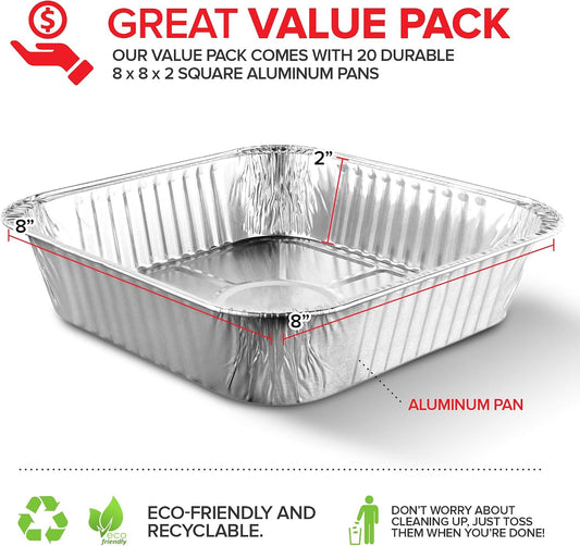 Stock Your Home Aluminum Pans 8x8 Disposable Foil Pans (20 Pack) - 8 Inch Square Pans - Tin Foil Pans Great for Cooking, Heating, Storing, Prepping Food