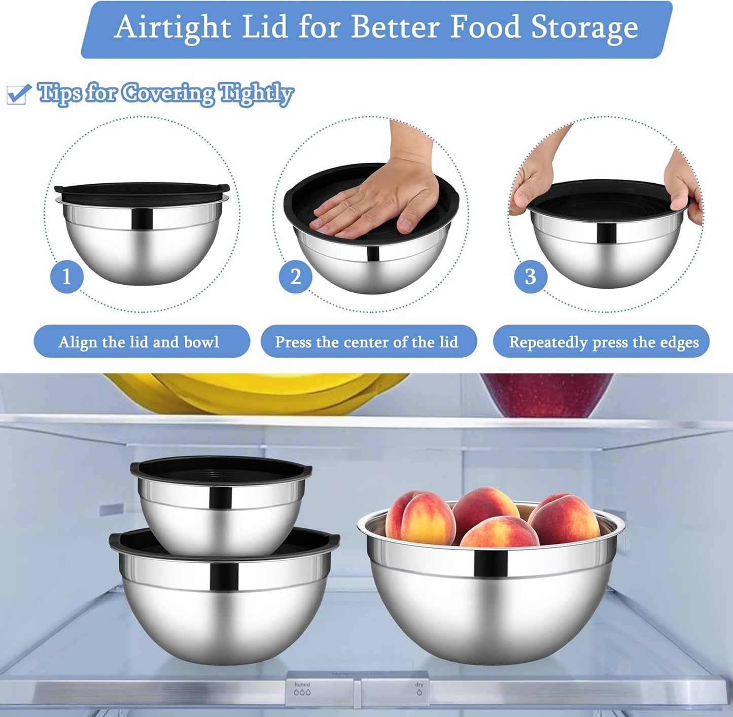 LIANYU Mixing Bowls with Airtight Lids Sets, 3 Packs Stainless Steel Metal Mixing Bowls, Ideal for Prepping, Cooking, Storage, Serving, Freezer & Dishwasher Safe, Khaki