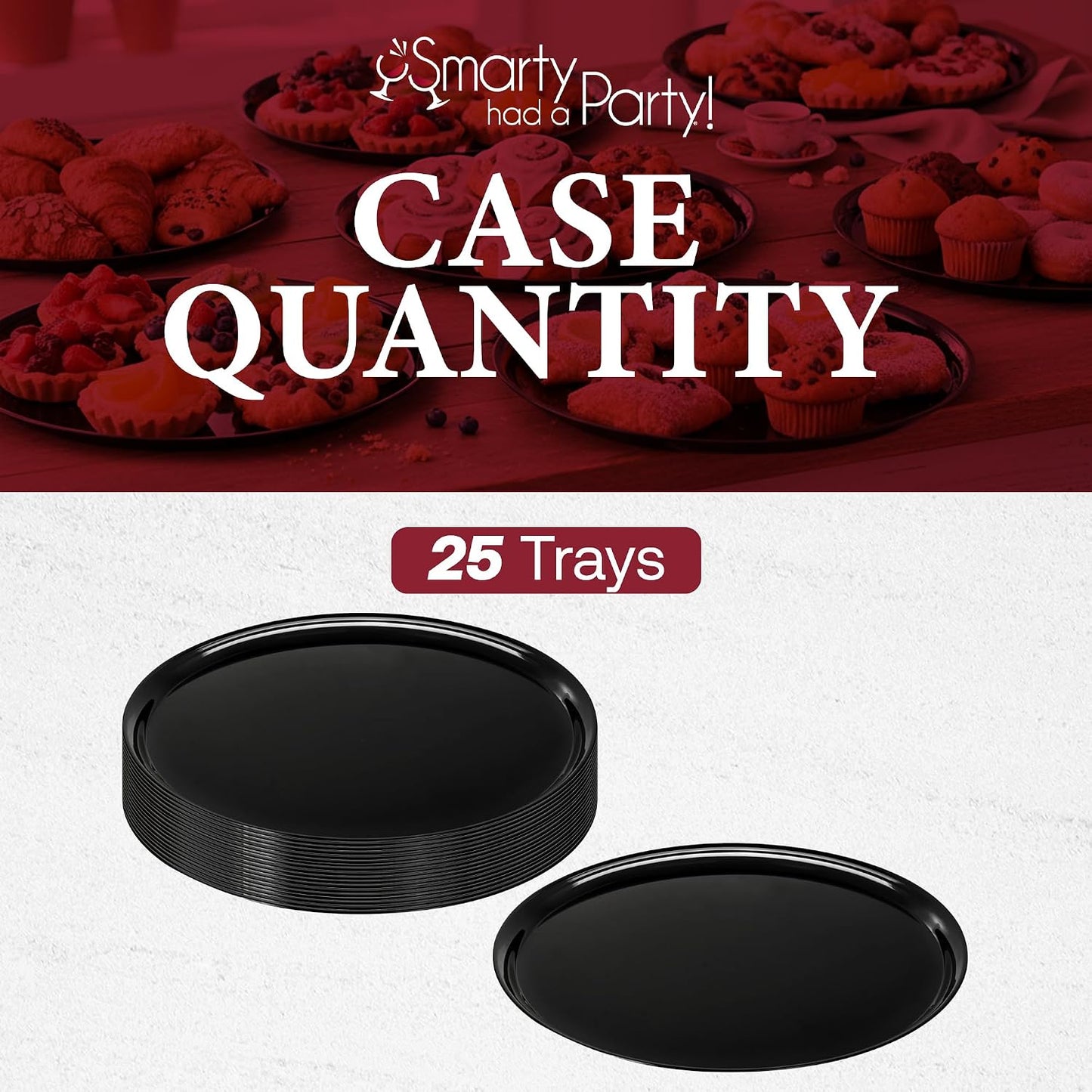 Smarty Had A Party 12 Inch Black Round Plastic Serving Tray – Heavy-Duty Party Platters & Catering Trays, Reusable or Disposable Plastic Trays for Serving Food, Elegant Party Tray Set of 25