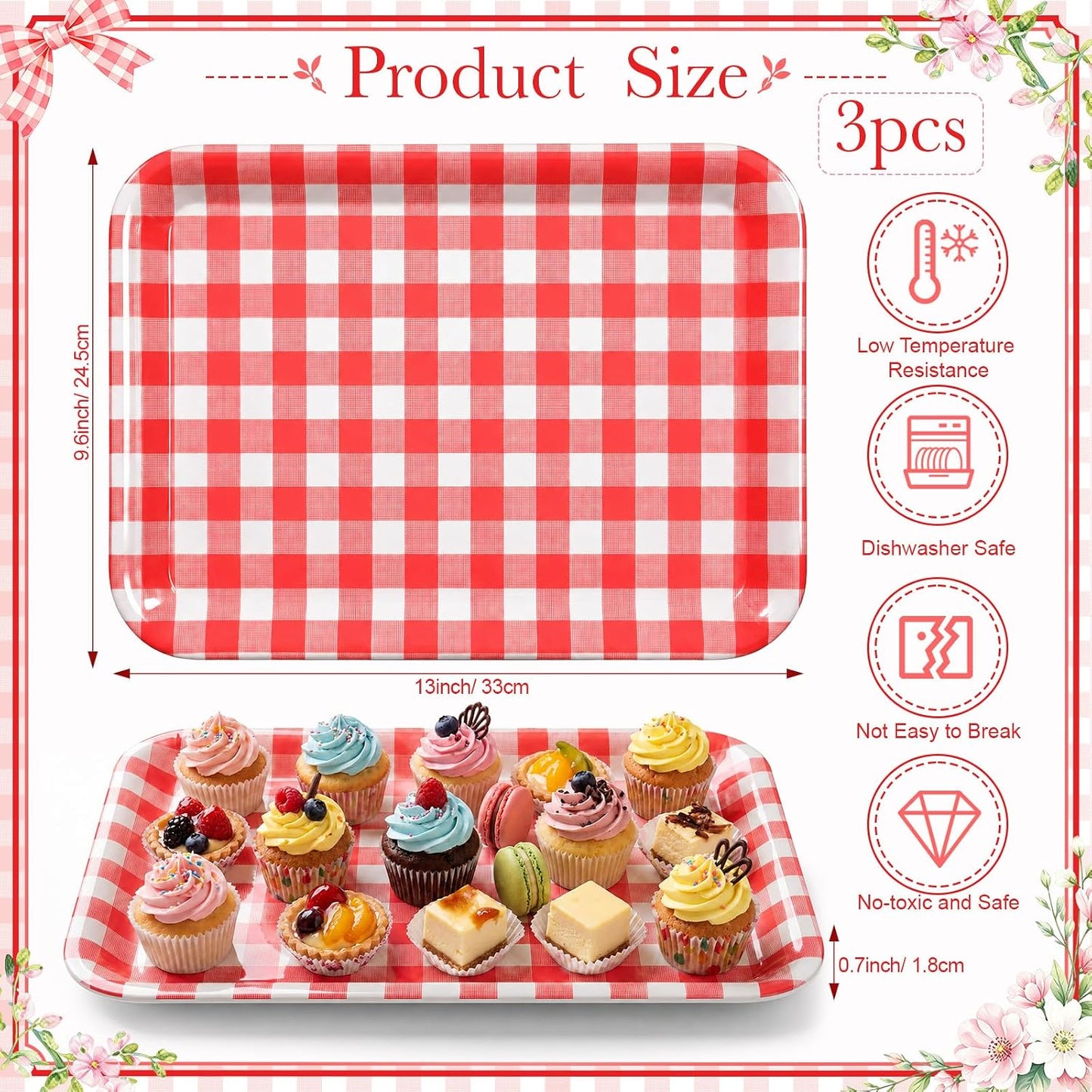 Vesici 3 Pcs Cherry Bow Serving Trays 13 x 10 Inch Pink Bow Cherry Melamine Platters Reusable Rectangular Serving Dishes for Coquette Wedding Baby Shower Birthday Party Sharing Snack Fruit Dessert