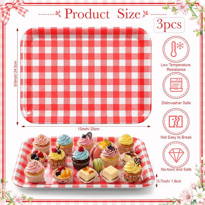 Vesici 3 Pcs Cherry Bow Serving Trays 13 x 10 Inch Pink Bow Cherry Melamine Platters Reusable Rectangular Serving Dishes for Coquette Wedding Baby Shower Birthday Party Sharing Snack Fruit Dessert