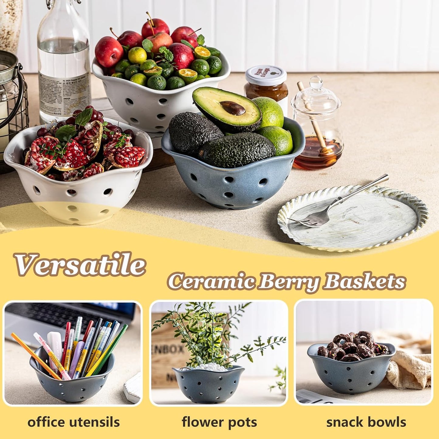 Gomakren Berry Bowls with Holes Ceramic, Berry Washing Bowl Basket Set of 2, 5.8 Inch Round Fruit Bowl Storage Containers, Strawberry Baskets, Farmhouse Kitchen Decor, Yellow + Brown