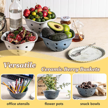 Gomakren Berry Bowls with Holes Ceramic, Berry Washing Bowl Basket Set of 2, 5.8 Inch Round Fruit Bowl Storage Containers, Strawberry Baskets, Farmhouse Kitchen Decor, Yellow + Brown