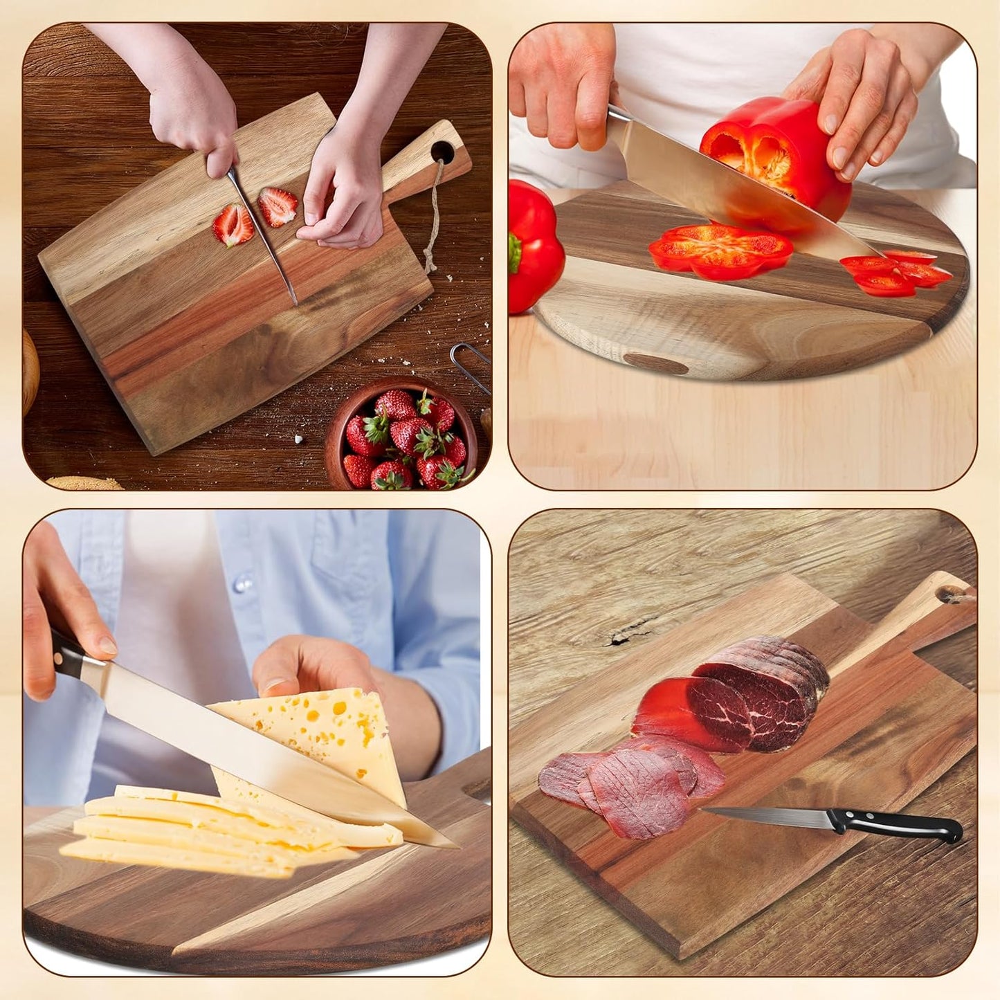 Hsei 2 Pcs Acacia Wood Cutting Board with Handle Wooden Charcuterie Board Large Paddle Carving Chopping Set Butter Serving Tray for Cheese Meat Fruit Pizza Bread(Vintage Style, 16x12, 17x13 Inch)