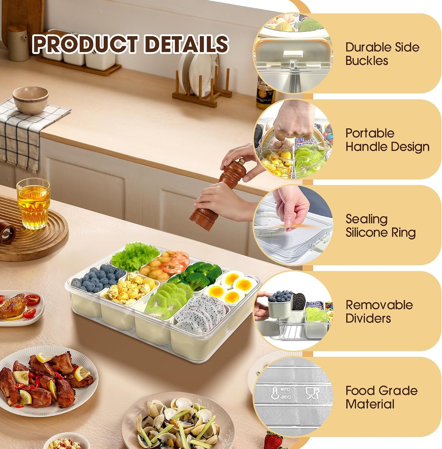 WanshengLe 6 in 1 Snackle Box 3.82L with Lid & Handle, 4 PCS Stainless Steel Snack Box and 2 PCS Plastic Box, 6 Detachable & Dishwasher Safe Snacklebox, Divided Container Box for Snack Fruit Nut