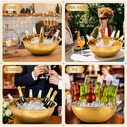2 Pcs Large Gold Hammered Stainless Steel Beverage Tub 15.35x5.12 Inch, 16.4 Qt Leak-proof Ice Bucket for Parties, Champagne Wine Chiller Bowl, Luxury Drink Cooler for Wedding, Mimosa Bar