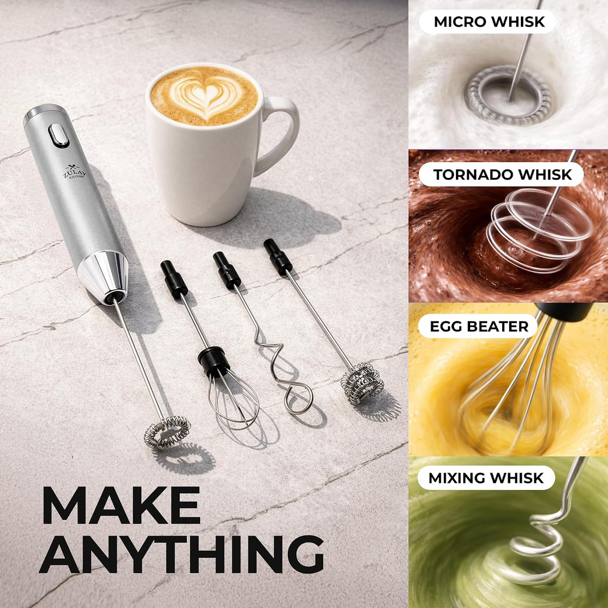Zulay Kitchen Rechargeable Milk Frother Handheld - Frother Wand, Drink Mixer, Electric Whisk Frother, for Cappuccinos, Matcha & Protein Powder - Dynamic 3 Whisk, 3 Speed 500mAh Black - Colors C