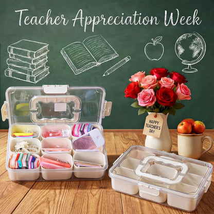 Qunclay 2 Set Teachers Appreciation Gift Boxes Container Divided Serving Tray with Lid and Handle Snack Organizer with Apple Cards and Ribbon for National Teacher Week Appreciation End of Year Gifts