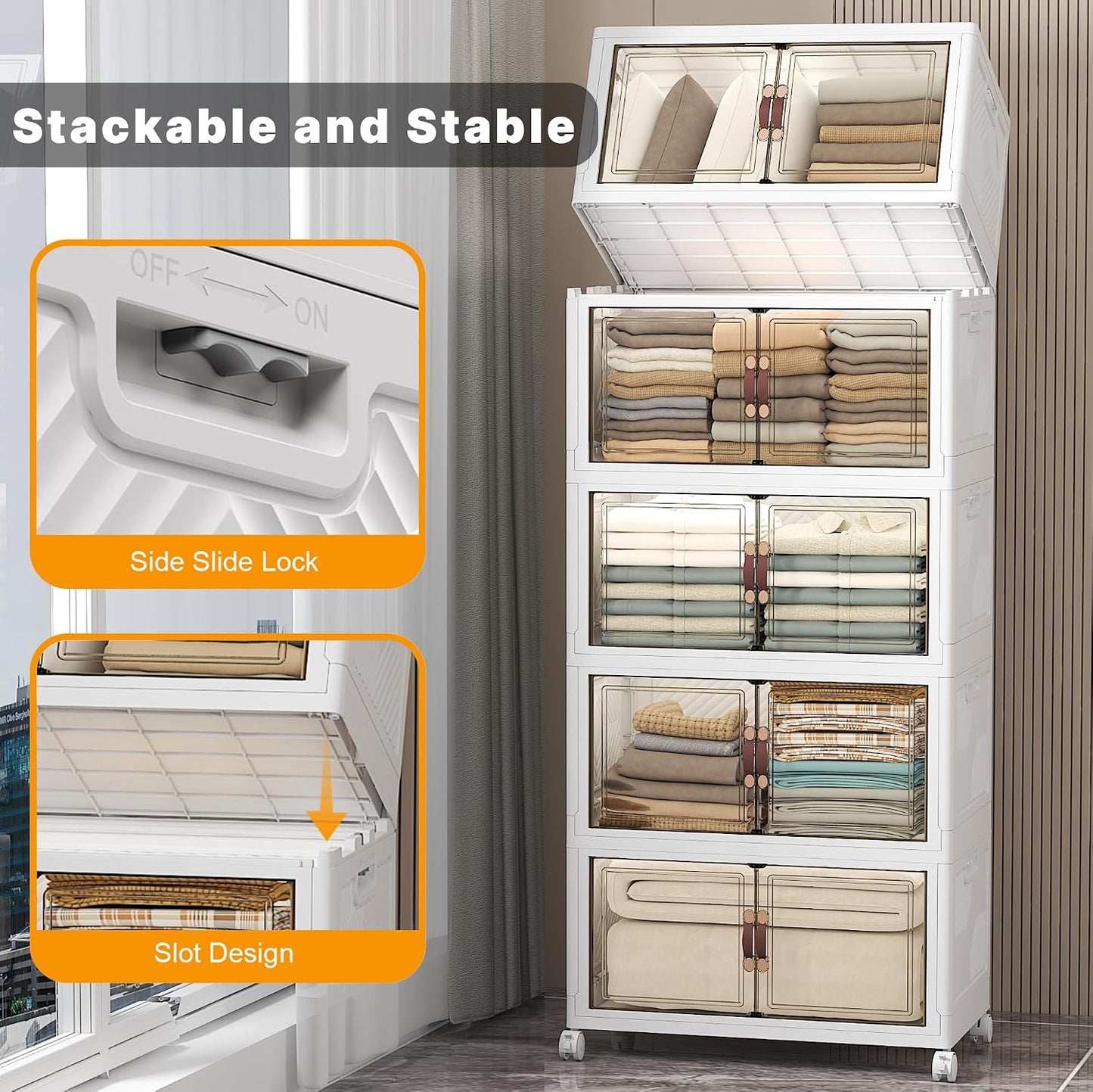 UAMFURI 720QT Stackable Storage Bins with Lids, Extra Large Storage Cabinet with Doors and Wheels, Collapsible Plastic Storage Box for Bedroom Dorm Office Garage