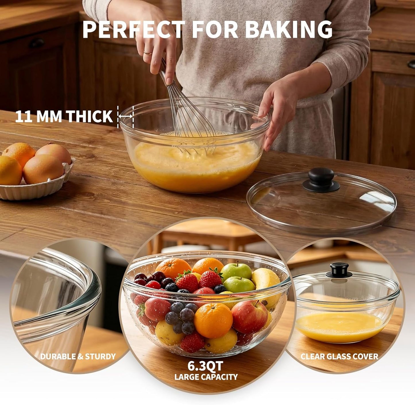 6.3 QT Glass Mixing Bowl with Lid, Large Glass Bowl for Sourdough Bread Making, Deep Glass Salad Bowl for Cooking, Baking, Food Prep, Dishwasher Microwave Freezer Safe