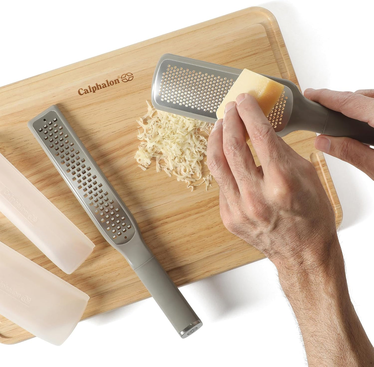 Calphalon Edge Lemon Zester, Stainless Steel Fine Citrus Grater for Lemon, Garlic & Ginger, Handheld Kitchen Zester with Protective Cover & Ergonomic Handle, Taupe