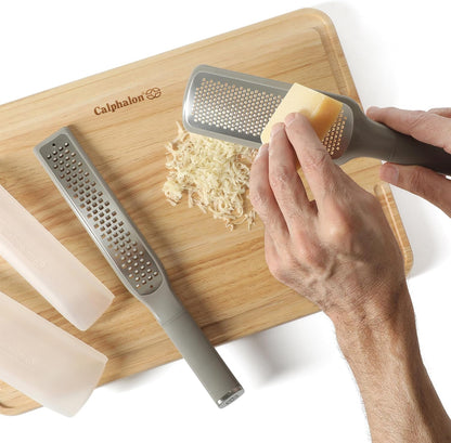 Calphalon Edge Lemon Zester, Stainless Steel Fine Citrus Grater for Lemon, Garlic & Ginger, Handheld Kitchen Zester with Protective Cover & Ergonomic Handle, Taupe