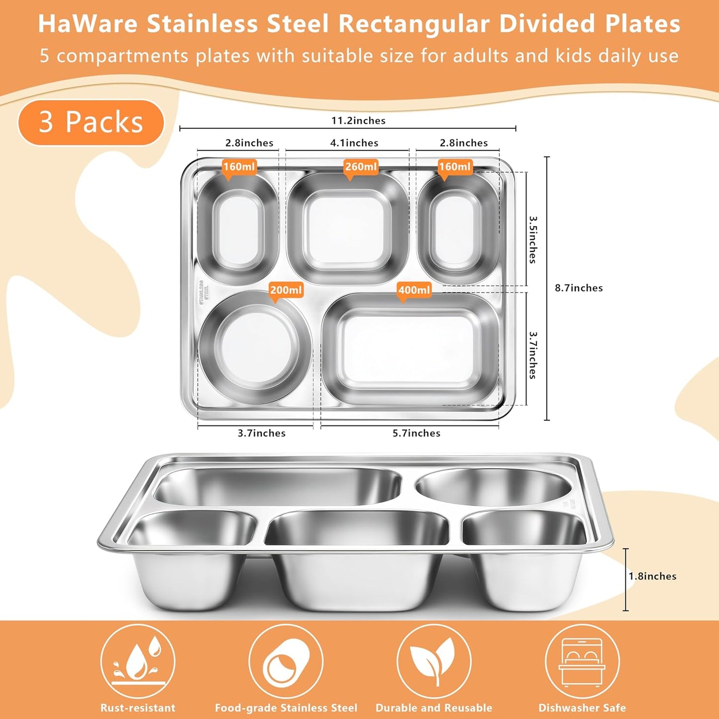 HaWare Toddler Stainless Steel Divided Plates Tray with 5-Compartment, Kids Adults Control Dinner Plates for Lunch Camping Dinner, Stackable Reusable Serving Platter, 2-Pack