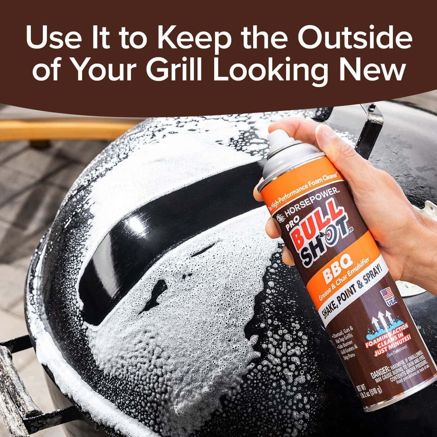 Bull Shot BBQ MAX Pro Super-Concentrated Foaming Grill Cleaner, AS SEEN ON TV, Made in USA, Shake, Point & Spray, Emulsifies Grease & Char on Grills, Stove Burners, Drip Pans & More