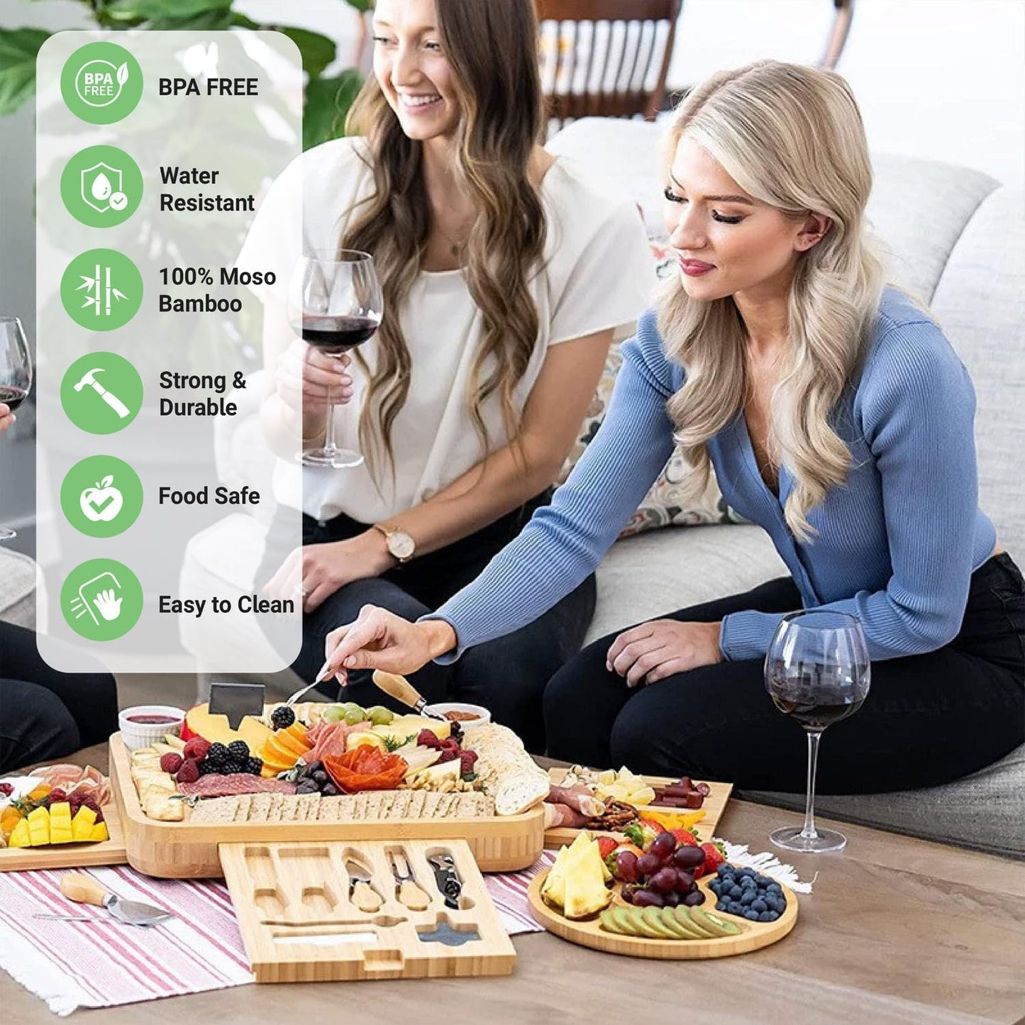 Personalized Bamboo Charcuterie Board Gift Set with 3 Drawers & Utensils, Custom Cheese Board with Round Tray, Housewarming, Wedding & Birthday Gift for Couples and Family