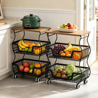 2 Pack 3-Tier Rolling Kitchen Storage Cart Fruit Basket Stand for Vegetables & Snacks Stackable Wire Pantry Floor Organizer with Wheels for Kitchen, Living Room, Bedroom, Office (Black)