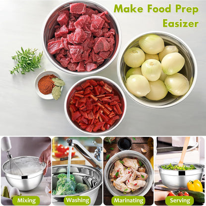 E-far Mixing Bowls with Lids Set of 5, Stainless Steel Mixing Bowls Metal Nesting Bowls with Airtight Lids, Non-toxic & Dishwasher Safe, Great for Cooking, Baking, Serving - Size 0.7/1/1.5/3/4.6QT
