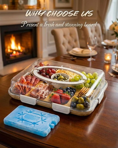 Charcuterie Board with Lid & Ice, Upgraded 6 Snap Laches, Sauce Cup Included, Large Portable Cheese Tray with Handle, Serving Tray for Picnic & Pool, House Warming Gifts New Home (Black)