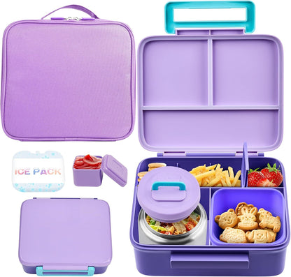 Bento Lunch Box for Kids with Thermo, Leakproof Bento Box with 8oz Insulated Food Jar, Insulated Bottle, Lunch Bag, BPA Free Dishwasher Safe 4 Compartment Container for School Girls Boys (Pink)