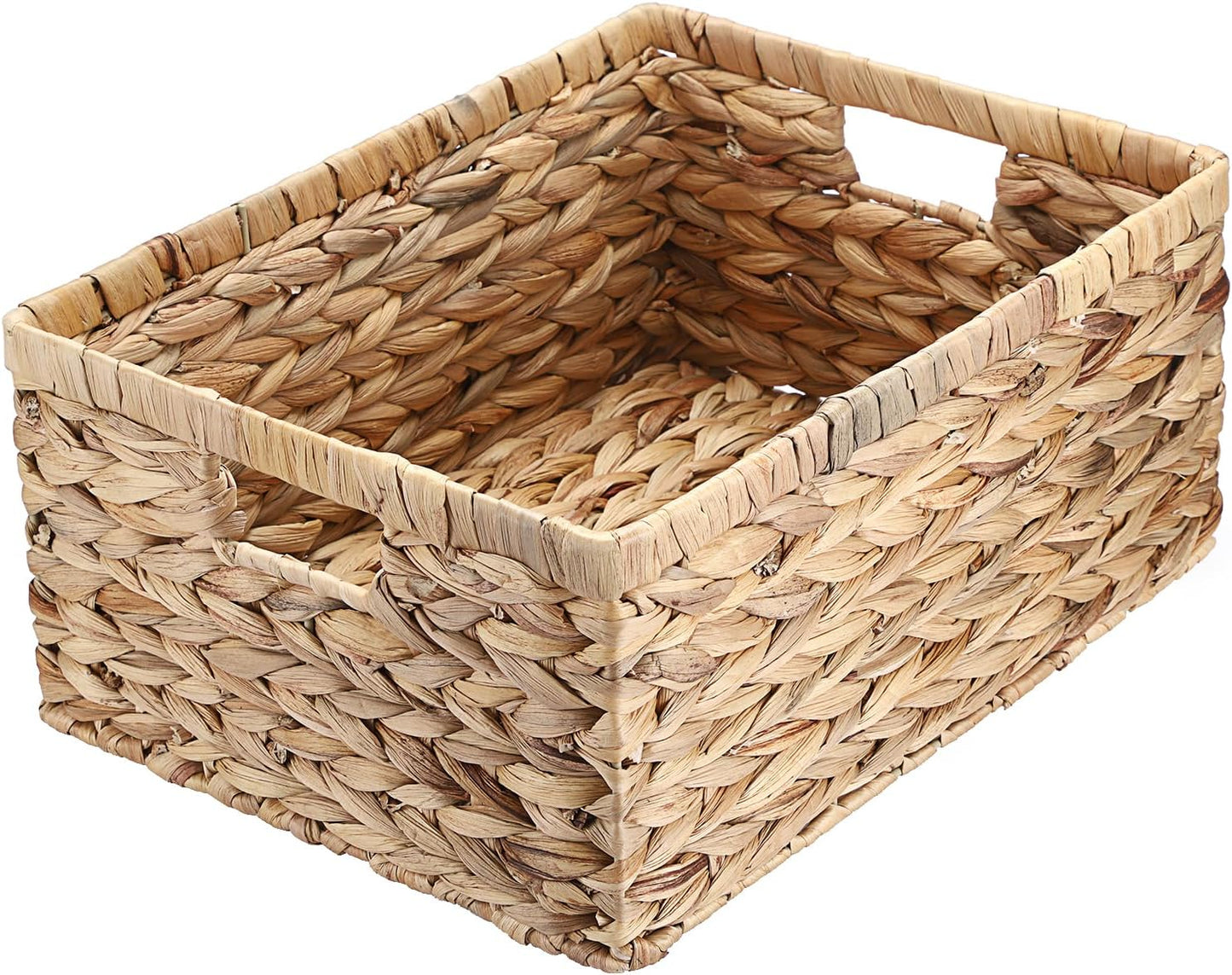 Hipiwe Wicker Basket Water Hyacinth Baskets Rectangular Decorative Baskets Bin for Shelf Organizing, Handwoven Storage Basket Bins with Built-in Handles,15.9"x12"x5.9"