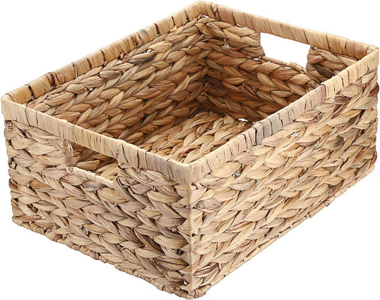 Hipiwe Wicker Basket Water Hyacinth Baskets Rectangular Decorative Baskets Bin for Shelf Organizing, Handwoven Storage Basket Bins with Built-in Handles,15.9"x12"x5.9"