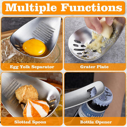 5 in 1 Multifunctional Cooking Spoon, 304 Stainless Steel Egg Yolk Separator for Raw Eggs, Potato Masher, Food Grater Plate, Slotted Spoon, and Bottle Opener - Heavy Duty Kitchen Utensil