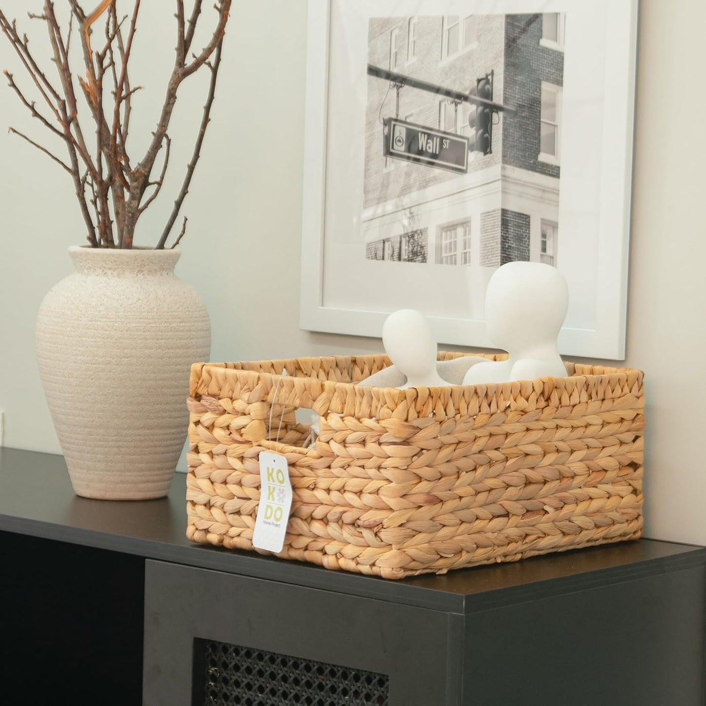 KOKODO Wicker Storage Basket Set of 2, Rectangular Baskets for Shelves with Handles & Chalkboard Labels, Handwoven Water Hyacinth Baskets for Organizing Pantry, Closet & Home.