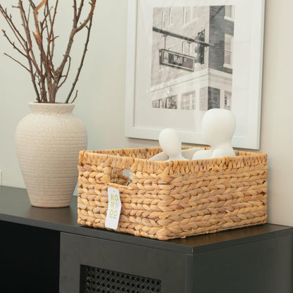 KOKODO Wicker Storage Basket Set of 2, Rectangular Baskets for Shelves with Handles & Chalkboard Labels, Handwoven Water Hyacinth Baskets for Organizing Pantry, Closet & Home.