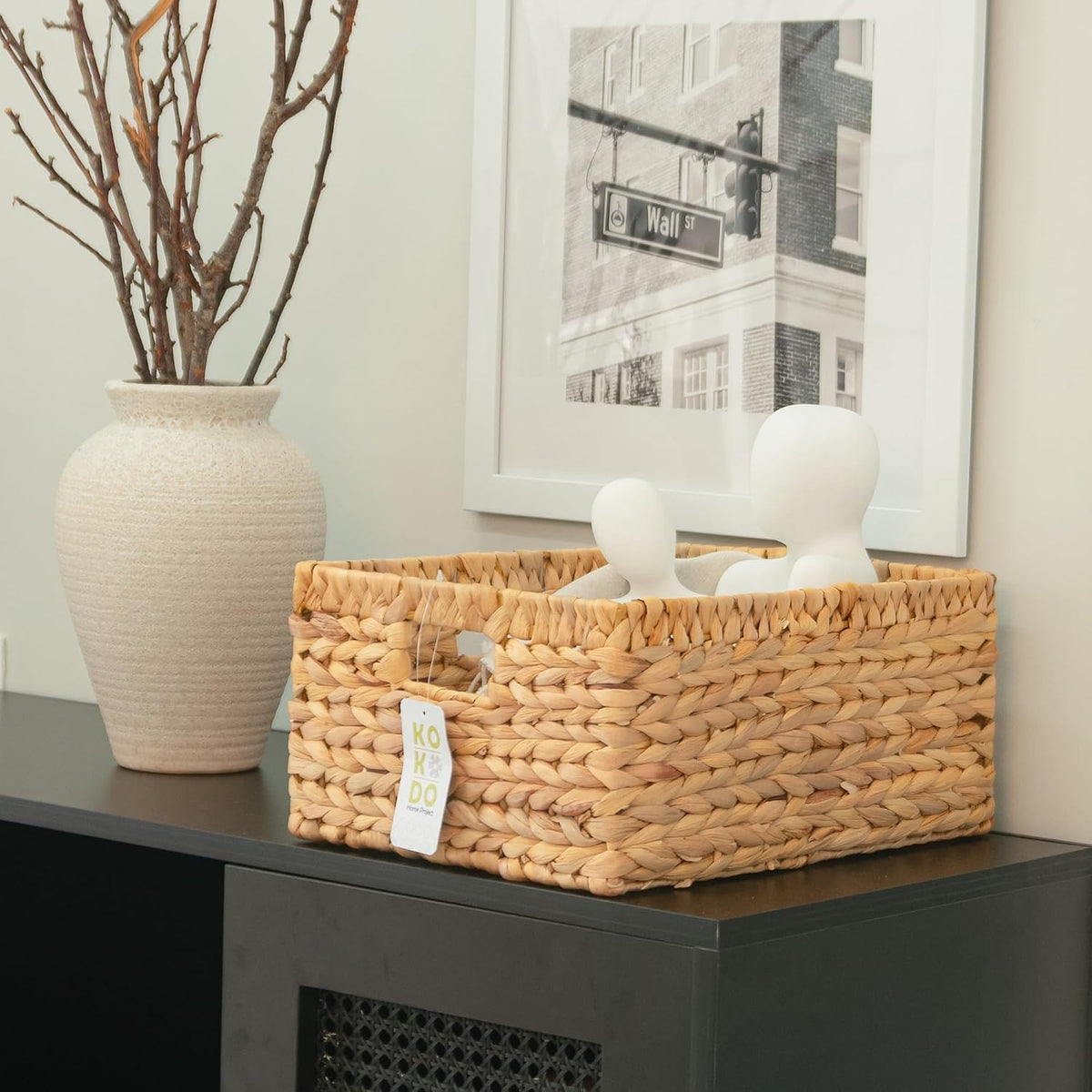 KOKODO Wicker Storage Basket Set of 2, Rectangular Baskets for Shelves with Handles & Chalkboard Labels, Handwoven Water Hyacinth Baskets for Organizing Pantry, Closet & Home.