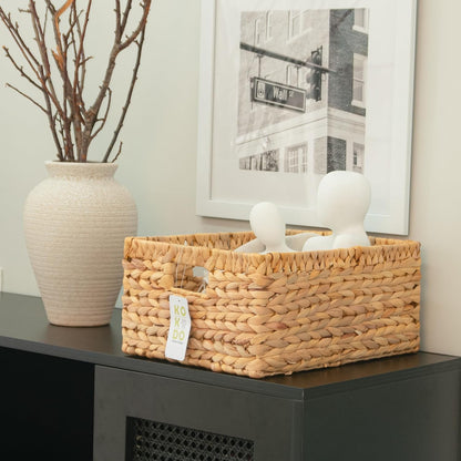 KOKODO Wicker Storage Basket Set of 2, Rectangular Baskets for Shelves with Handles & Chalkboard Labels, Handwoven Water Hyacinth Baskets for Organizing Pantry, Closet & Home.