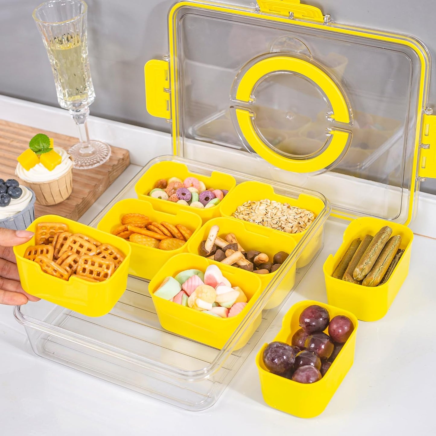 WACOI Divided Snack Serving Tray with Lid and Handle travel Snackle Box Charcuterie Container Portable Storage Organizer for Candy, Fruits, Nuts, Snacks 1Pack White