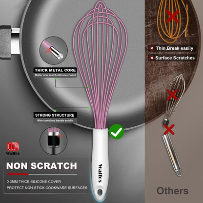 Walfos Silicone Whisk,Stainless Steel Wire Whisk -Heat Resistant 480°F Kitchen Whisks for Non-stick Cookware,Balloon Egg Beater Perfect for Blending,Whisking,Beating,Frothing & Stirring,Black