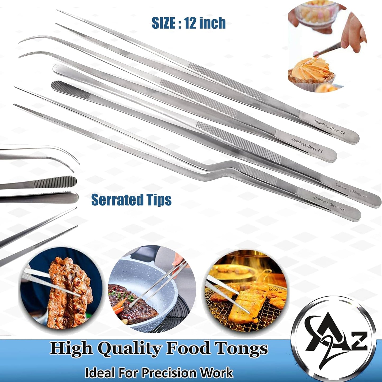 6 Inch Professional Culinary Stainless Steel Precision Tongs with Serrated Tips, Plating/Food Presentation Detailing Serving Tongs, Chef's Kitchen Tweezer Tongs - Ultra Non-Slip Grip