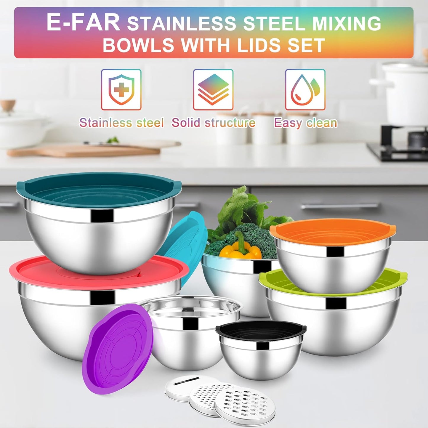 E-far Stainless Steel Mixing Bowls with Lids Set, 5-Piece Nesting Salad Bowls with 3 Grater Attachments and Non-Slip Bottoms, Size 4.6, 2.6, 2, 1.5, 1QT for Kitchen (Khaki)
