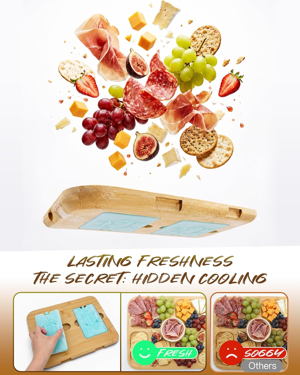 Charcuterie Board with Lid & Ice, Upgraded 6 Snap Laches, Sauce Cup Included, Large Portable Cheese Tray with Handle, Serving Tray for Picnic & Pool, House Warming Gifts New Home (Black)