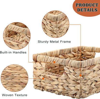 Hipiwe Wicker Basket Water Hyacinth Baskets Rectangular Decorative Baskets Bin for Shelf Organizing, Handwoven Storage Basket Bins with Built-in Handles,15.9"x12"x5.9"