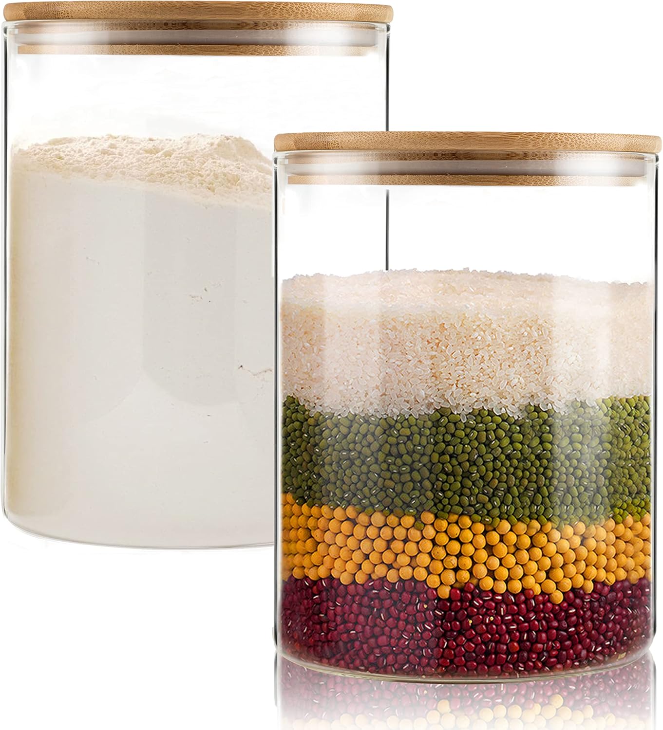 Glass Food Storage Jars 37 oz Set of 6,Glass Storage Containers Clear Glass Food Canister with Bamboo Lid Airtight For Serving Tea, Coffee, Flour, Sugar, Candy, Cookie, Spice and More (Square)