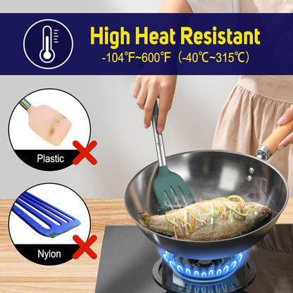 HOTEC Silicone Spatula Set of 2 Heat-Resistant 600°F & BPA-Free Kitchen SaptulaTurner with Stainless Steel Handles, Slotted & Solid Spatulas for Nonstick Cookware, 13.7 Inch, Classic Blue