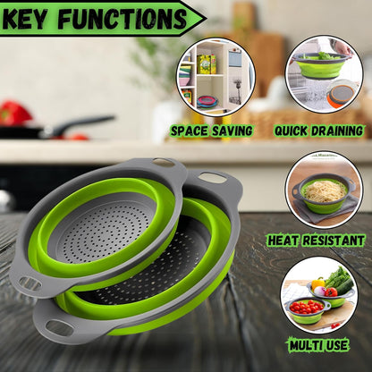 Collapsible Colander Set of 2, Foldable Silicone Pasta Strainer with Handles, 2 Pack Space Saving Kitchen Colander for Fruits,Space Saving Pasta Strainer Basket for Fruits & Vegetables