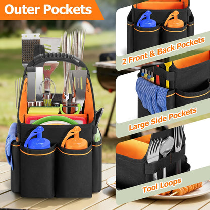 HODRANT Grill Utensil Storage Bag, Portable BBQ Tool Caddy with Divider & Boards, Large Grilling Tool Box with Pockets & Handle, Outdoor Barbecue Accessories Case for Camping & Kitchen, Bag Only