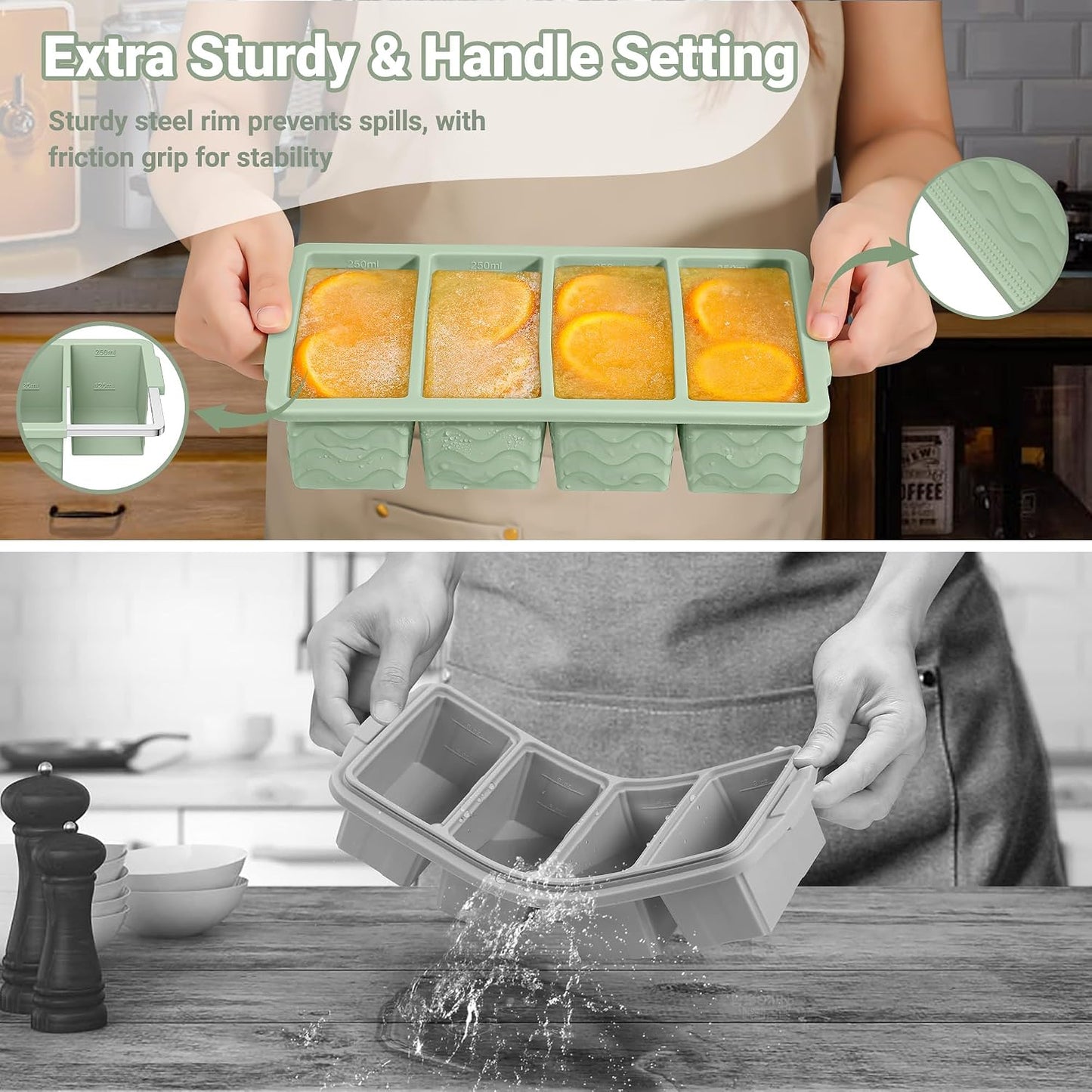 Doasuwish Silicone Freezer Molds for Soup with Lid – 1-Cup Soup Container Style Ice Cube Trays for Freezer, Meal Prep & Food Storage, Freeze 250mL/125mL Portions – 2 Pack