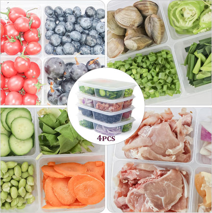 4 Pcs Reusable 4 Compartment Food Storage Containers with Lids, Food Containers for Storing fruits, Meat, Vegetables.