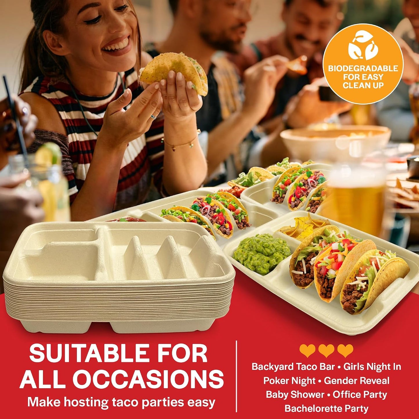 3-Taco & 2-Sides Taco Plates, Disposable Paper Plates with Dividers – 25 PACK | Taco Tray for Party, Fiesta Taco Holder, Taco Stand for Taco Tuesday & Taco Bar, Microwave-Safe Taco Plates (25 Plates)